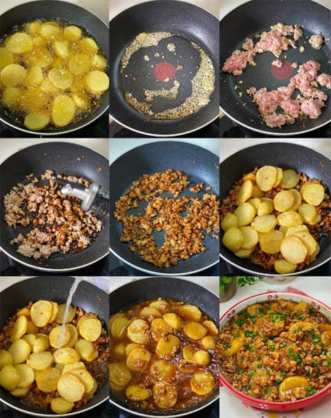 proses memasak kentang daging cincang 
